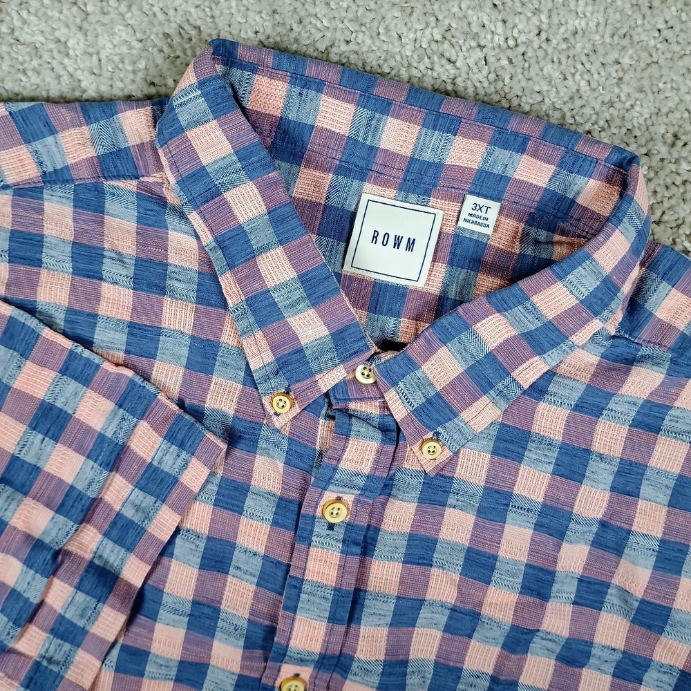 ROWM Mens 3XT Pink Blue Madras Plaid Short Sleeve Button Front Shirt